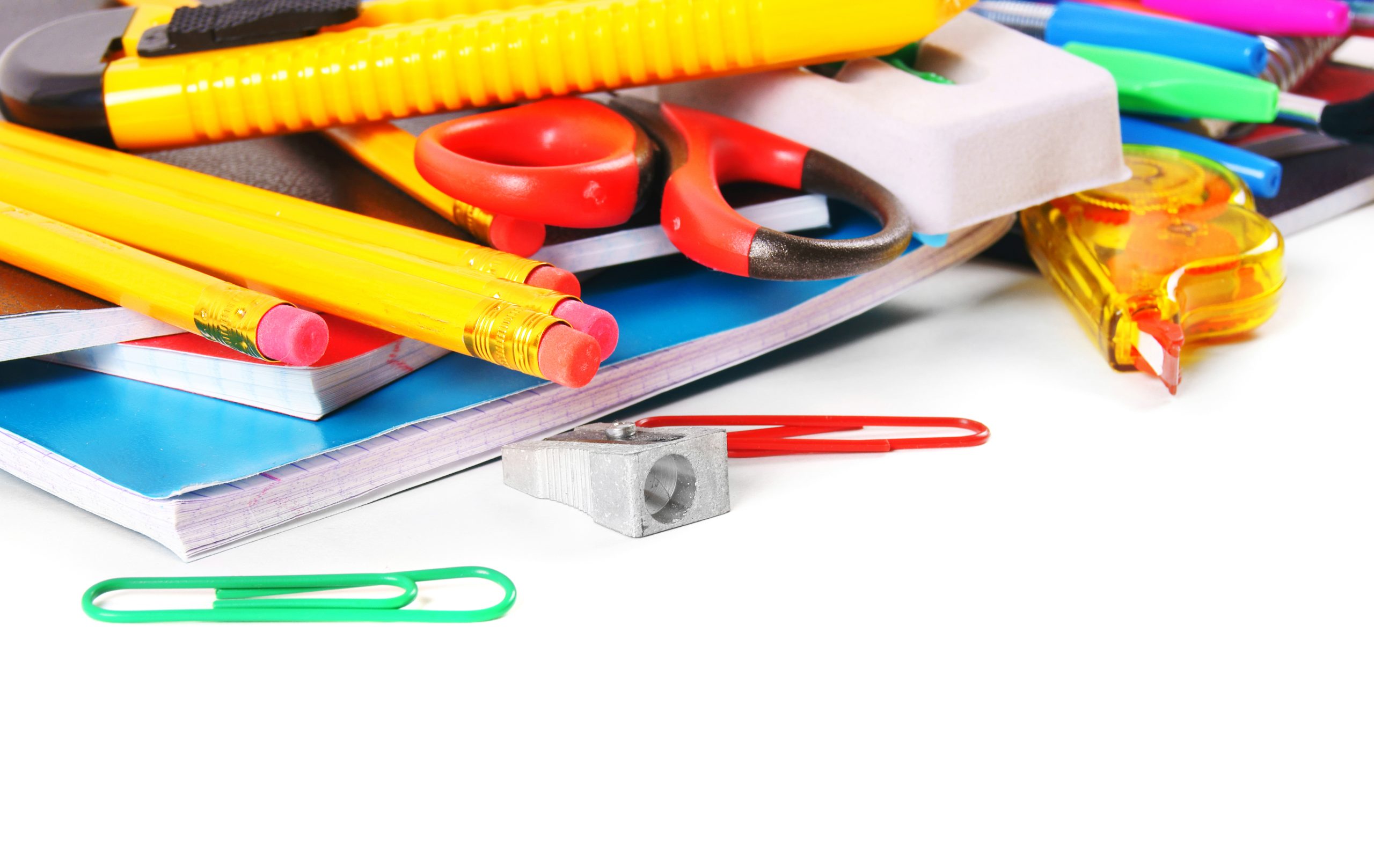 School tools and accessories on a white background.